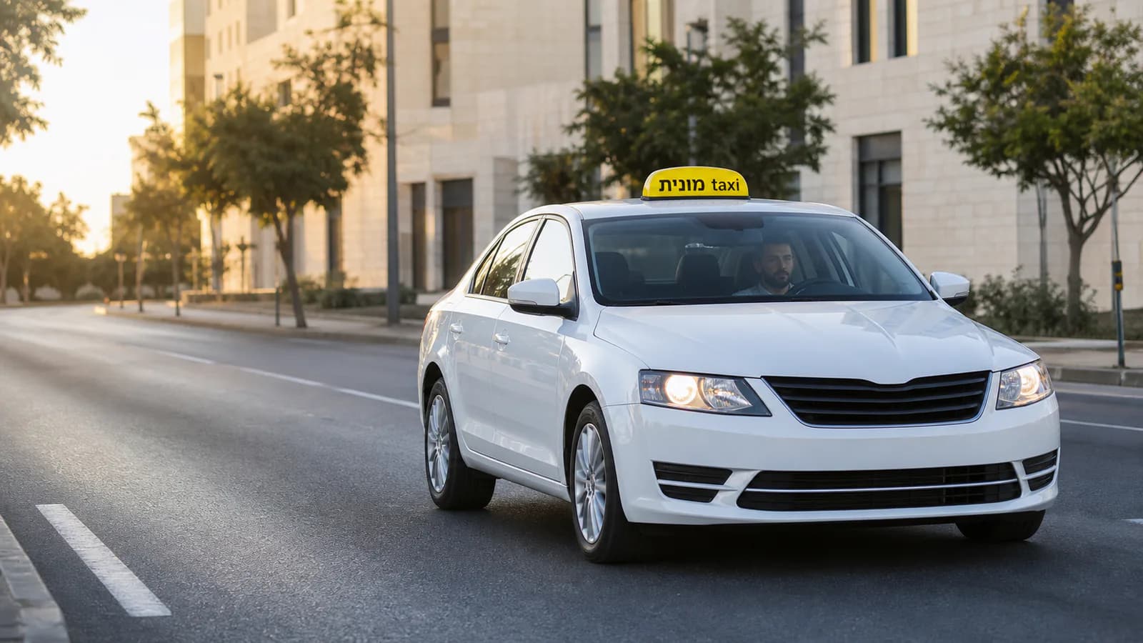 מונית לבנה עם כובע מונית צהוב בכביש עירוני ישראלי באור בוקר